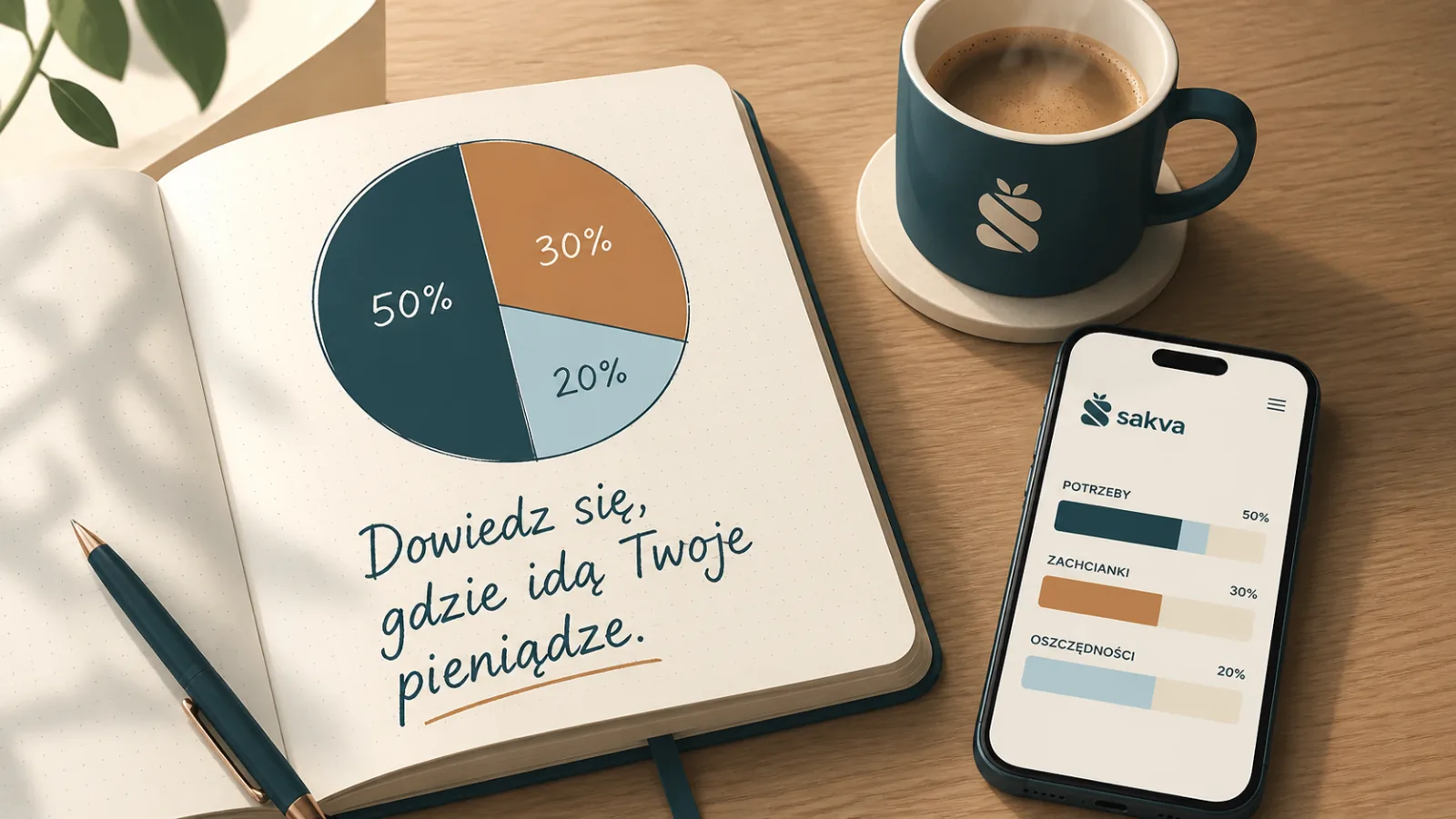 Notes z wykresem kołowym i filiżanka kawy — budżet domowy w spokojnym poranku