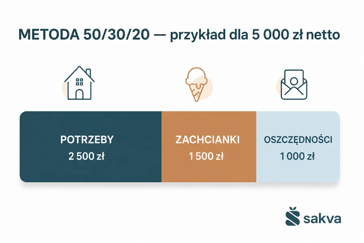 Pasek 50/30/20 — podział dochodu 5000 zł na 2500 (potrzeby), 1500 (zachcianki), 1000 (oszczędności)